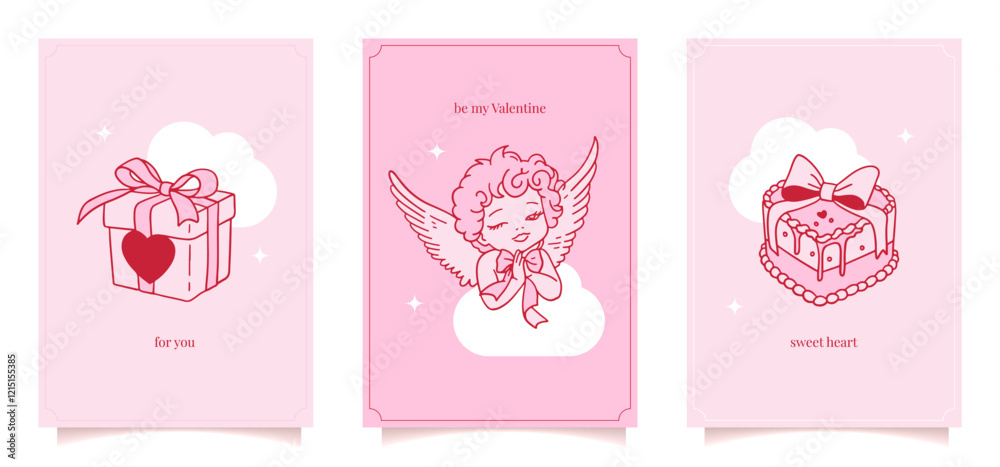 Ribbon bow coquettish girly greeting cards set with doodle hand drawn elements decorated with romantic knots. Feminine Valentine holiday posters, vintage coquette festive design. vector illustration. Ribbon bow coquettish girly greeting cards set with doodle hand drawn elements decorated with romantic knots. Feminine Valentine holiday posters, vintage coquette festive design. vector illustration.