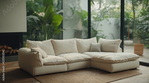 Modern sectional sofa in lush garden view living room