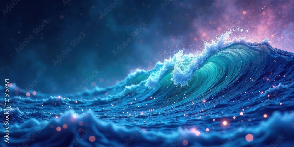 Obraz premium Ocean wave with sparkling particles at night, a serene and magical scene of nature's power and beauty