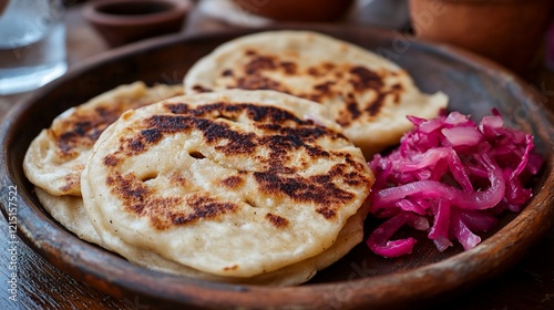 A wooden plate filled with three pupusas and some pickled cabbage with some out of focus props photo