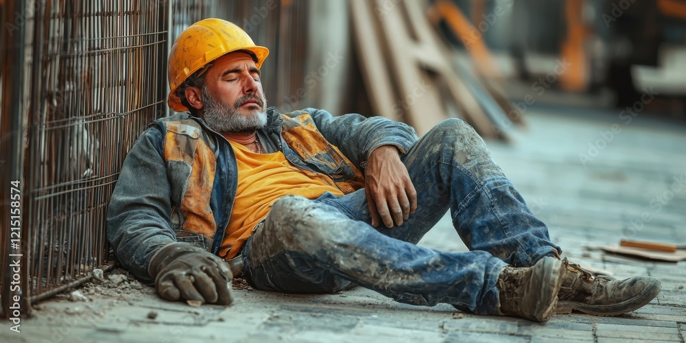 Exhausted construction worker takes a break urban worksite photography daytime candid shot hardship reflection Exhausted construction worker takes a break urban worksite photography daytime candid shot hardship reflection