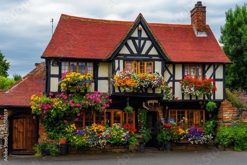 A charming countryside inn with timber frames, a red tiled roof, and colorful flowers adorning its windows
