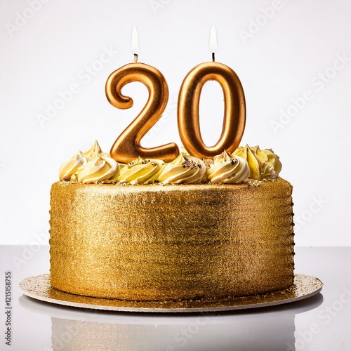 Decorated gold cake for birthday or anniversary party, candle number 20, white background photo