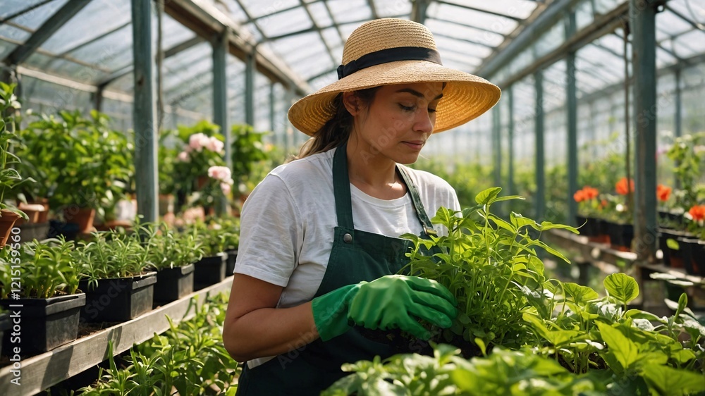 Obraz premium Joyful female gardener tending to vibrant plants in a sunny greenhouse while enjoying a peaceful moment with nature and nurturing her green thumb during a warm afternoon