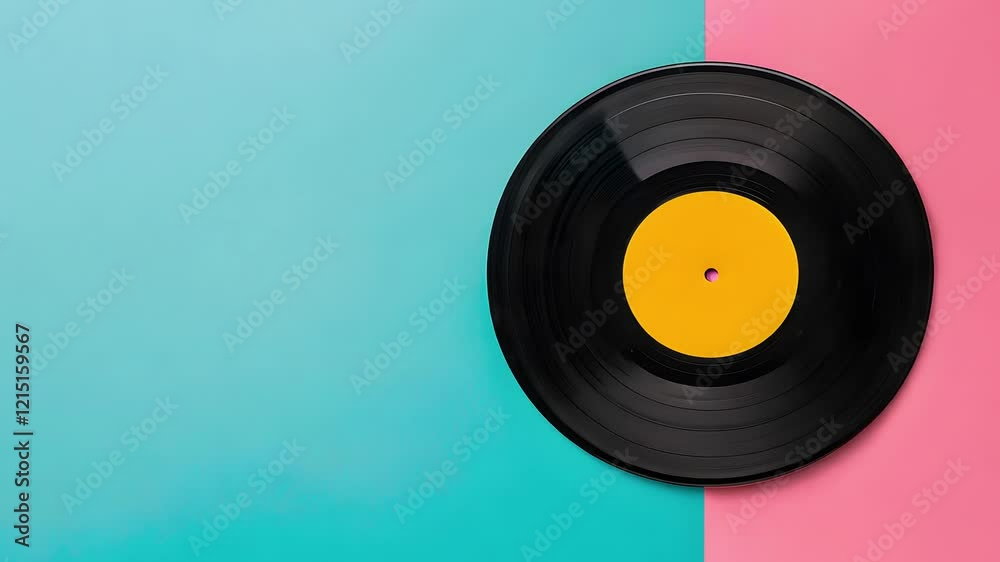 A black record with a yellow center sits on a blue and pink background. The record is surrounded by a green border A black record with a yellow center sits on a blue and pink background. The record is surrounded by a green border