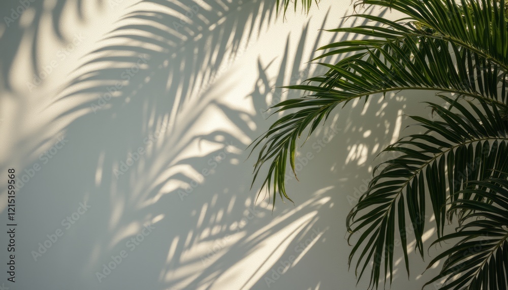 Fototapeta premium The image captures the delicate shadows of palm leaves gracefully cast against a light-colored wall, creating a serene and tranquil atmosphere. The interplay of light and shadow evokes a sense of calm