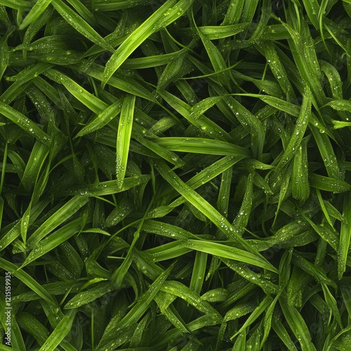 A highly detailed and textured image of fresh, lush green grass with realistic blades and tiny dew drops, seamless pattern