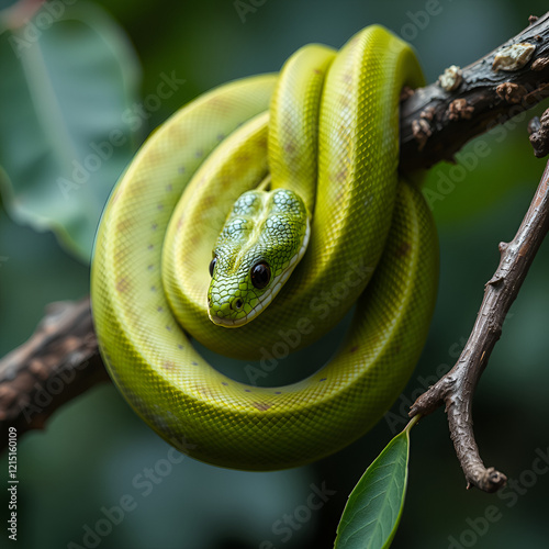 Snake with hemotoxic venom affects the blood system. Lanna green pit viper - Trimeresurus lanna coiled on a branch in a Thailand national park. photo