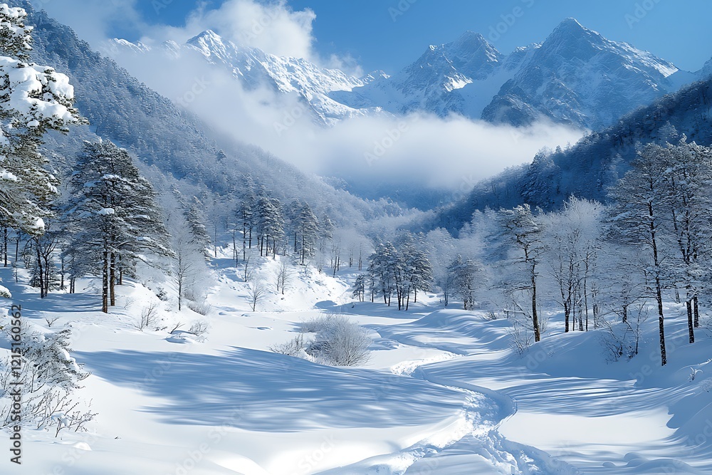 Snowy mountain valley winter landscape with snow covered trees