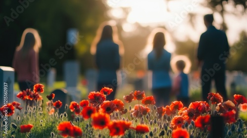 A family visits a cemetery at sunset, with red poppies in the foreground