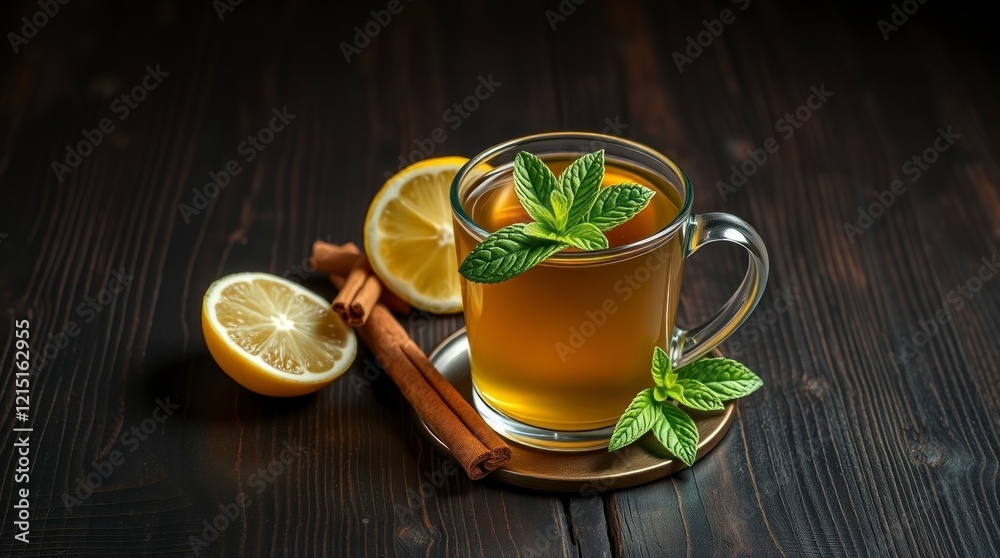 Mint tea with lemon and cinnamon on wooden background dark Mint tea with lemon and cinnamon on wooden background dark
