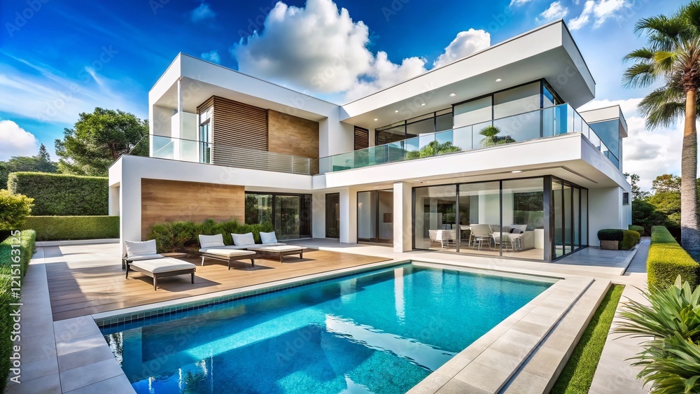 Fototapeta premium Modern White Luxury House Exterior: Balconies, Pool, Architectural Design