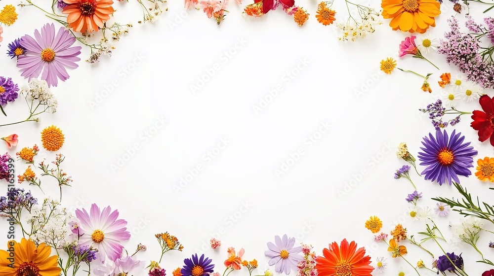 Colorful wildflowers arranged in a circular pattern on a white background with empty space for text or design, top view. Colorful wildflowers arranged in a circular pattern on a white background with empty space for text or design, top view.