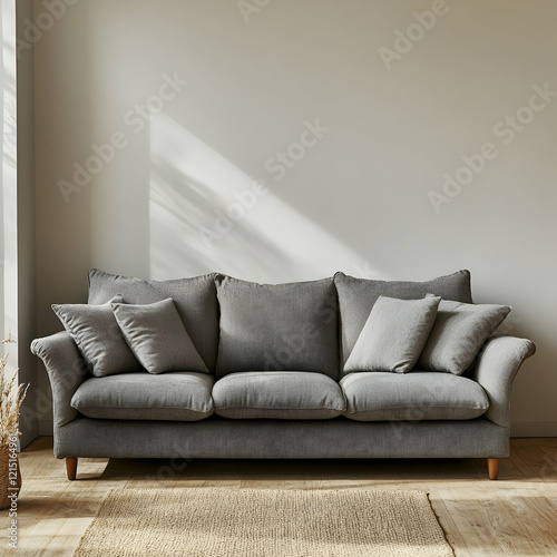 gray fabric three seater sofa with light gray background