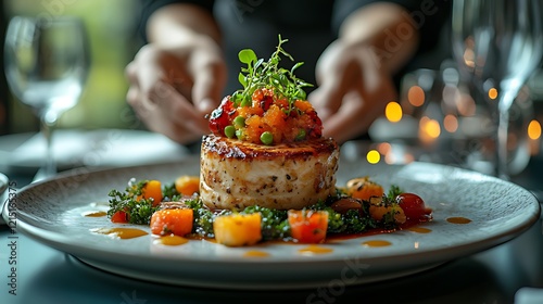 Chef plating gourmet fish dish, restaurant, romantic ambiance