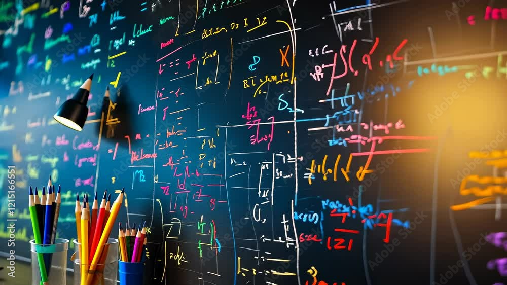 Mathematical equations and concepts glow vibrant colors blackboard.Illuminated formulas showcase intense study or lecture.filled multicolored annotations emphasizes computational beauty.Ideal setting