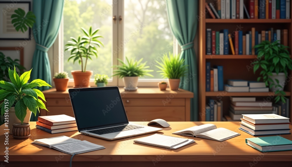 Cozy home office setup with laptop surrounded by books papers, notebooks. Sunlight streams through window illuminating plants, study area. Suggests productive work study session at peaceful home Cozy home office setup with laptop surrounded by books papers, notebooks. Sunlight streams through window illuminating plants, study area. Suggests productive work study session at peaceful home