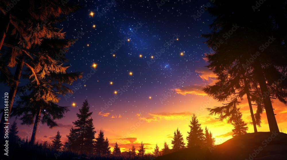 Naklejka premium A serene sunset scene with silhouettes of trees and a starry sky, showcasing vibrant colors and twinkling stars in a tranquil environment.