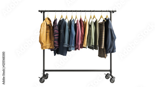 Fashion on hangers, hanging from a metal rack with wheels, isolated on Transparent PNG format background.