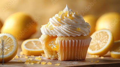 Sliced cupcake reveals lemon filling on a cutting board with lemons in the background