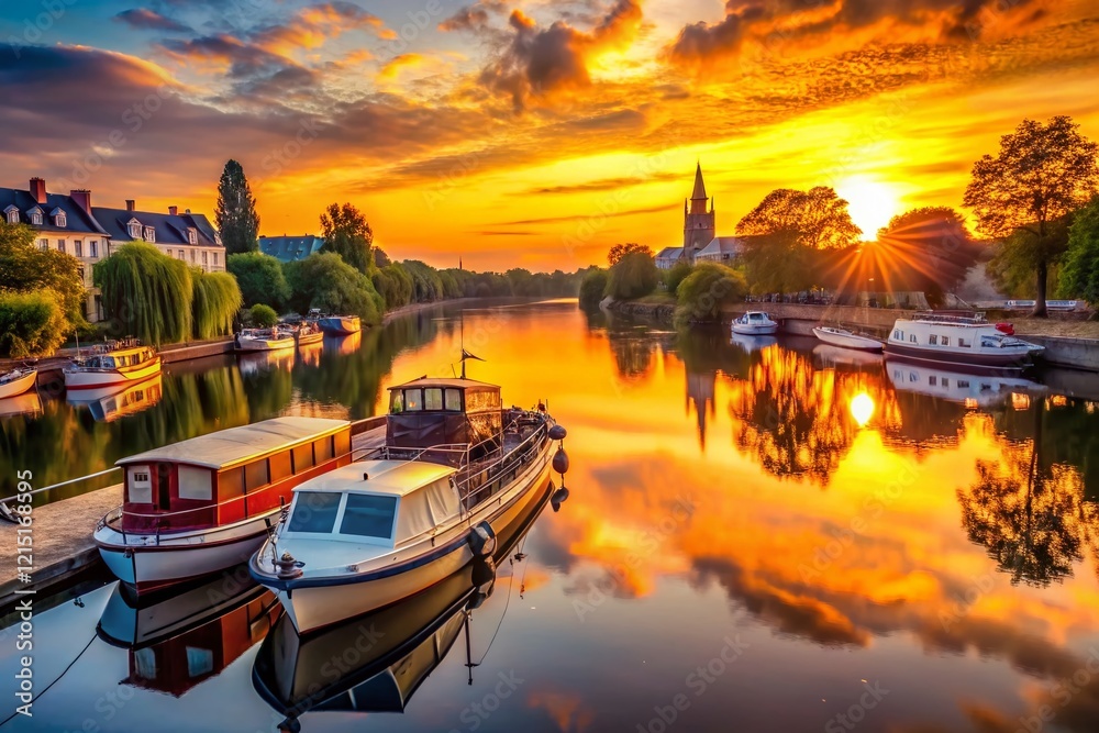 Fototapeta premium Nantes Silhouette: Boats on Erdre River at Sunset, Pays de la Loire, France