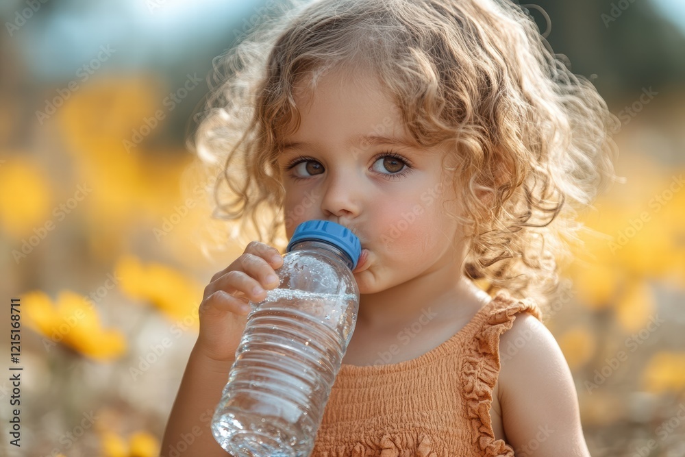 Child enjoys refreshing water on a sunny summer day in a vibrant flower-filled meadow Child enjoys refreshing water on a sunny summer day in a vibrant flower-filled meadow