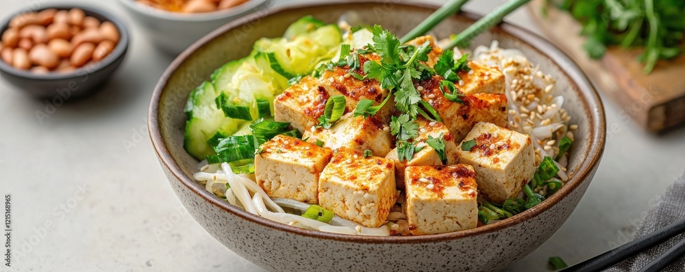 A vibrant bowl of tofu stir-fry with fresh vegetables, topped with herbs and spices, showcasing a delicious and healthy meal.