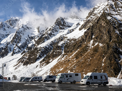 Motorhome area in the mountains. Ski resort. Piau Engaly. French Pyrenees. France photo