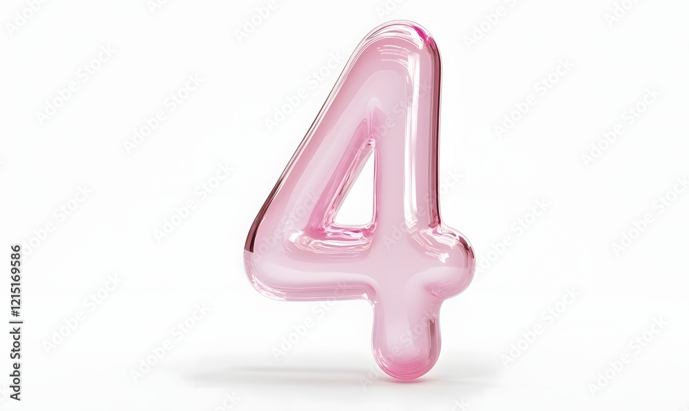 Pink Glass Number Four, White Background, 3D Render, Design Element Pink Glass Number Four, White Background, 3D Render, Design Element