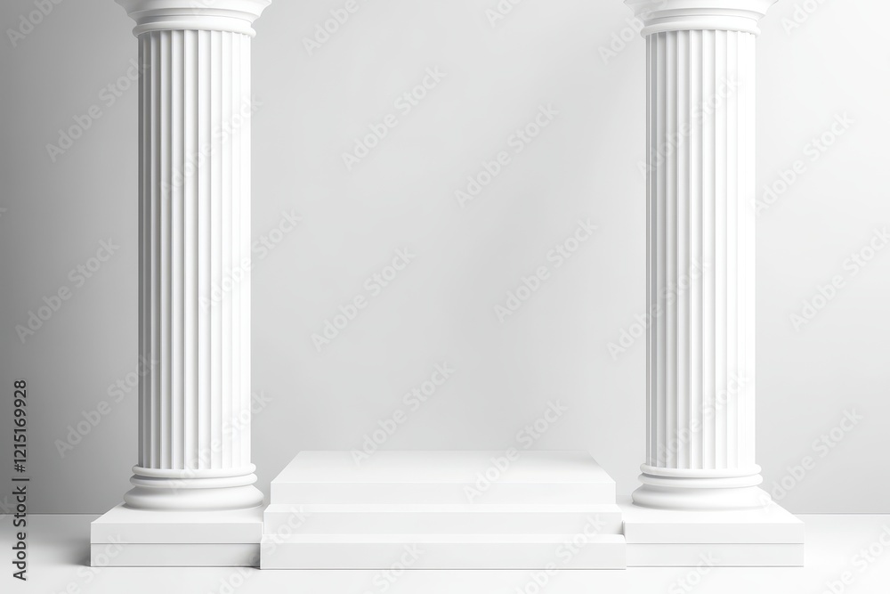 Obraz premium White columns framing platform; minimalist backdrop; product display