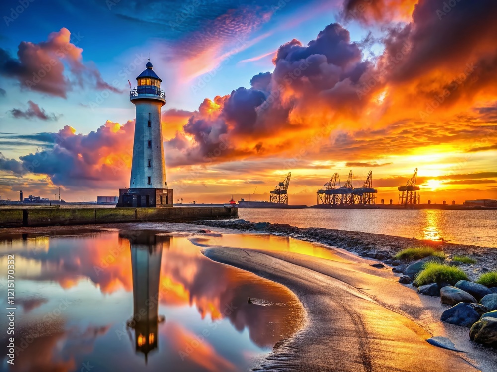 Obraz premium New Brighton Lighthouse & Liverpool Docks, Wirral Sunset Panorama