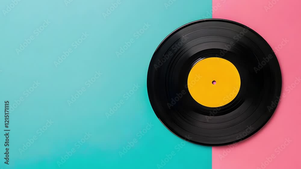 A black record with a yellow center sits on a blue and pink background. The record is surrounded by a colorful border, giving it a playful and vibrant appearance. The combination of the record A black record with a yellow center sits on a blue and pink background. The record is surrounded by a colorful border, giving it a playful and vibrant appearance. The combination of the record