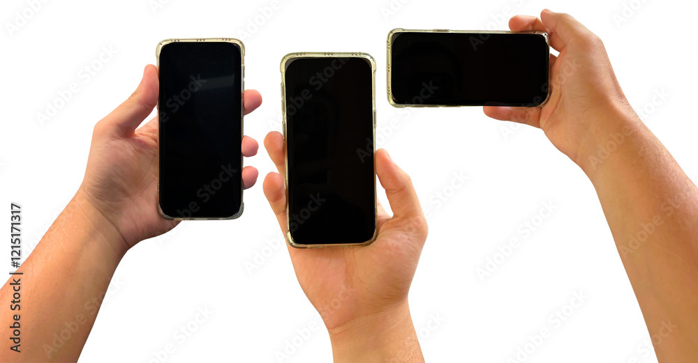 Fototapeta premium Hands holding mobile phone screen mockup, using smartphone touchscreen, cellphone, set isolated on white background.., transparent PNG 