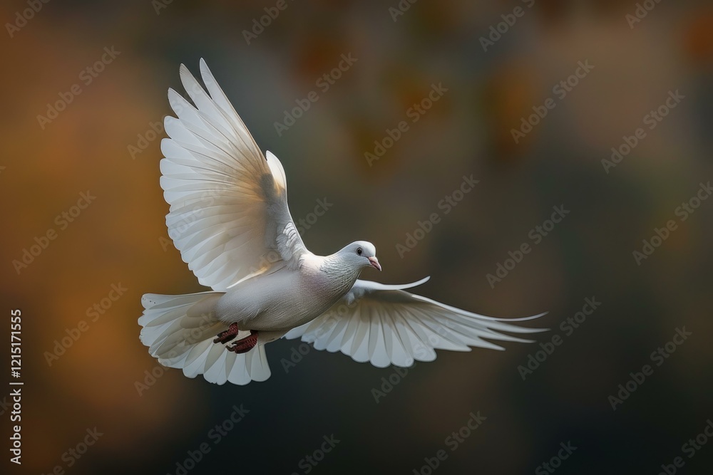 Obraz premium White dove soaring gracefully with outstretched wings against a blurred autumnal backdrop