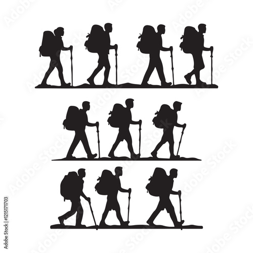  Set of silhouette of Hiking man. hikers with rucksacks and backpack silhouette.