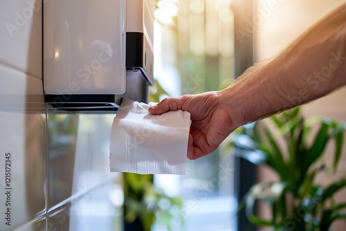 Man hand taking new fresh paper towel from dispenser in bathroom photo