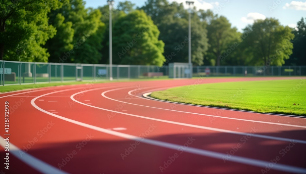 Obraz premium Outdoor running track in athletic field. Sunny day in summer. Curve of red running track seen. Green grass borders track. Shows sport competition scene. People could training for race. Place people