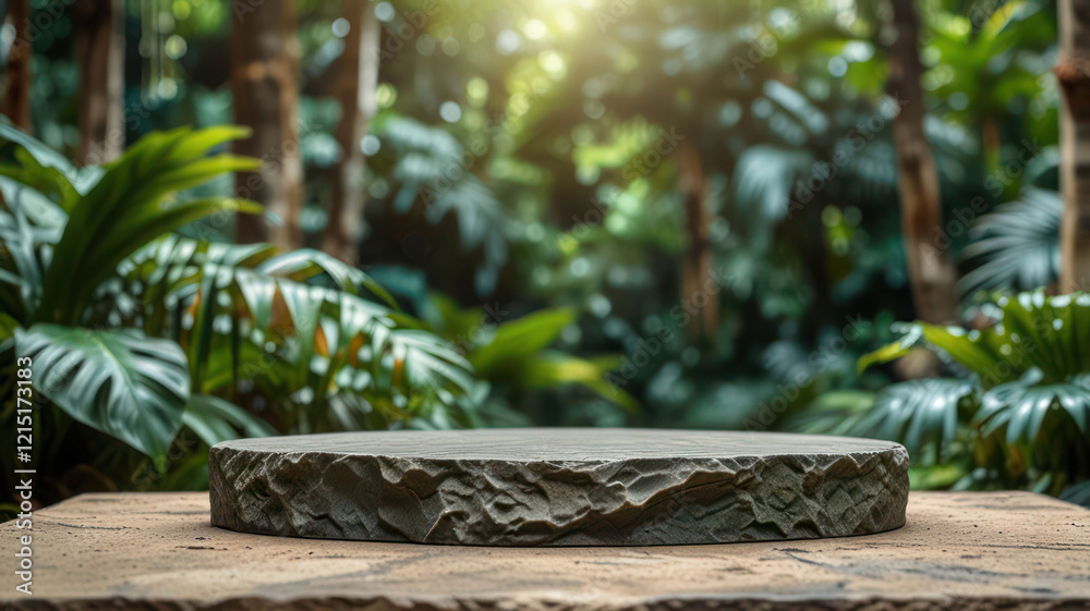Obraz premium Stone podium tabletop floor in outdoors tropical garden forest blurred green leaf plant nature background.Natural product placement pedestal stand display,jungle paradise concept.