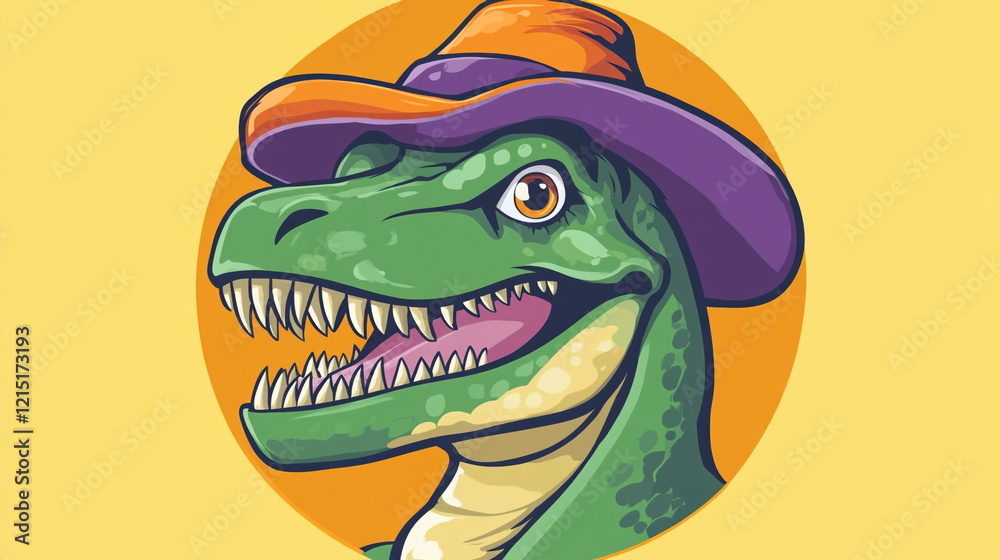 Obraz premium Tyrannosaurus Rex Cartoon Funny Dino Hat Illustration Mascot Design Graphic Smilin