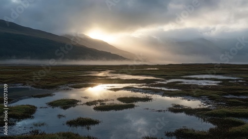 Sunrise over misty mountain lake, wetland reflection
