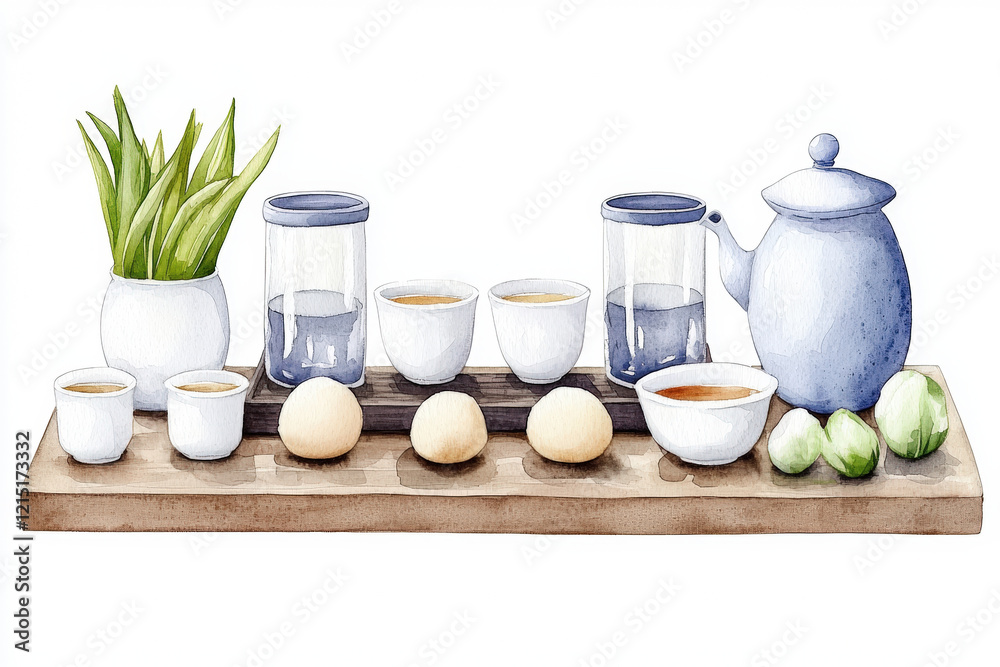 serene tea setup featuring teapot, cups, eggs, and greenery, perfect for calming atmosphere serene tea setup featuring teapot, cups, eggs, and greenery, perfect for calming atmosphere