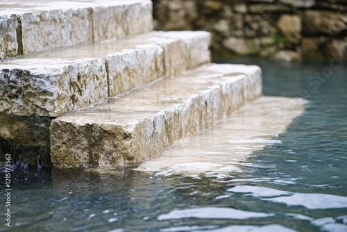 Stone steps poolside, rain, water, tranquility, spa, relaxation, resort