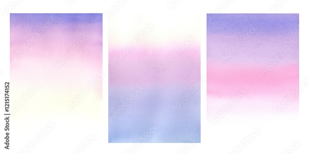 Fototapeta premium Purple blue pink yellow abstract background. Blurred vertical soft gradient from top to bottom of image. Set of watercolor patterns of gentle sunrise or sunset. Multicolor morning sky