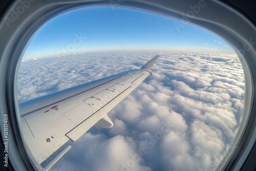 Airplane wing view from porthole during flight above fluffy clouds under clear sky