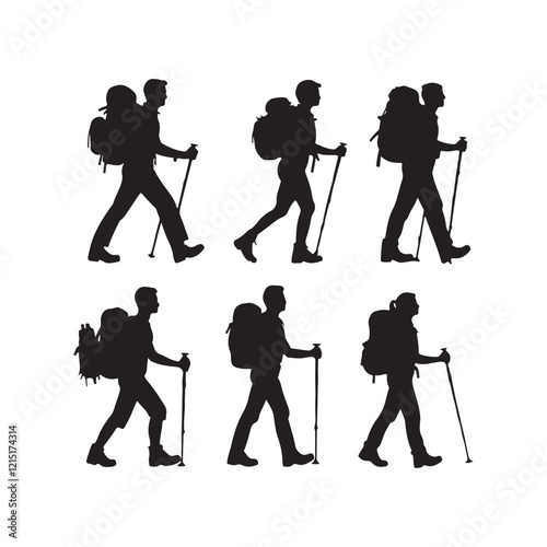  Set of silhouette of Hiking man. hikers with rucksacks and backpack silhouette.