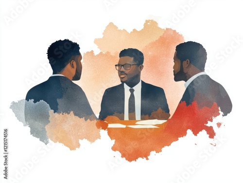 Three Black Businessmen Meeting Watercolor Style Illustration Corporate Discussion