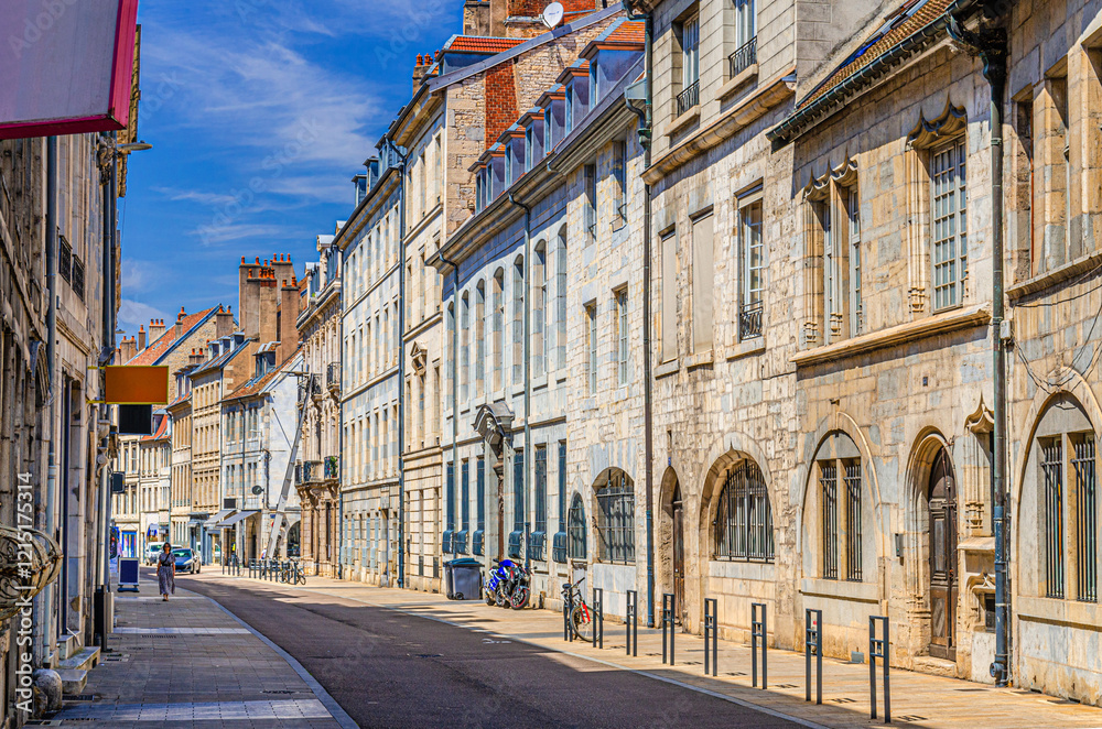 Fototapeta premium Besancon cityscape old town centre ville, La boucle de Besançon city historic centre, Grande Rue street old houses medieval buildings in sunny summer day, Bourgogne-Franche-Comte region, France