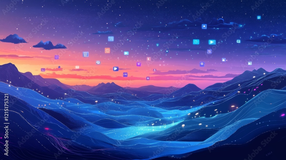 Obraz premium Neon icons float above a digital landscape.