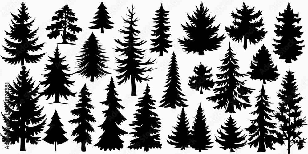 Obraz premium Pine tree silhouettes. Evergreen forest firs and spruces black shapes, wild nature trees templates. Vector illustration woodland trees set on white background.