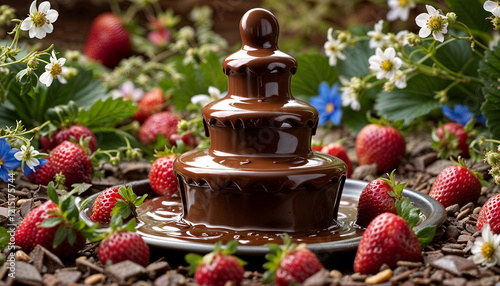 Chocolate Fountain Delight: A decadent three-tiered chocolate fountain flows lusciously, surrounded by ripe red strawberries and delicate wildflowers, creating a scene of pure indulgence. photo